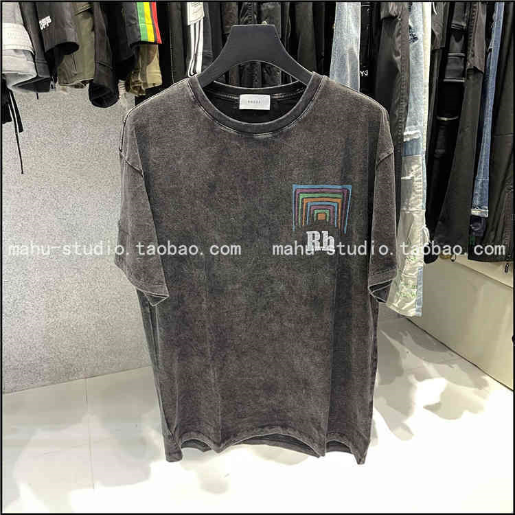 

Outlet Factory Rhude Dream Back Corridor Washing Water Used Short Sleeve Rainbow Graphic Printing Popular Fashion Couple, Rhude wash ash