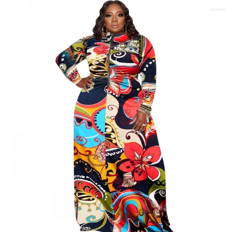 

Plus Size Dresses Maxi Dress Women Zipper Draped Stand Collar Robe Autumn Fashion Flower Print Casual Large Long GownPlus Jasp22, Multi