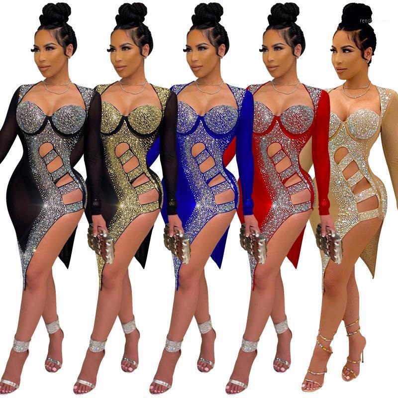 

Casual Dresses Vestido De Manga Larga Para Club Nocturno, Ropa Verano Moda Europea Y Americana, Sexy, Con Diamantes Ahuecados, Rojo