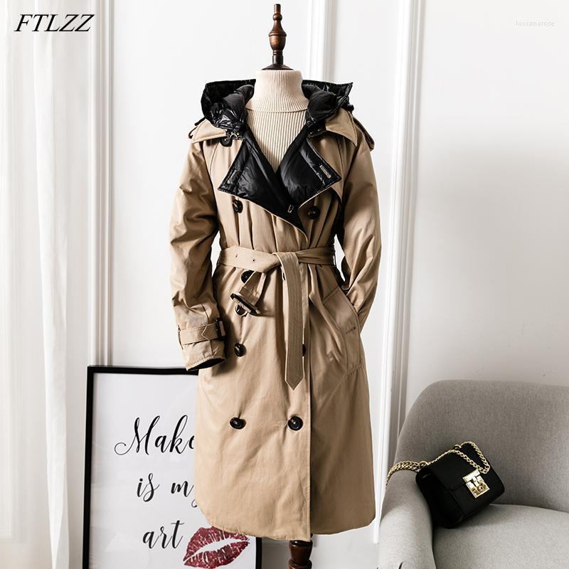 

Women' Down & Parkas FTLZZ Winter Women Double Breasted Hooded Long Parka Jacket 90% White Duck Coat Casual Loose Snow Outwear With Belt Lu, Khaki