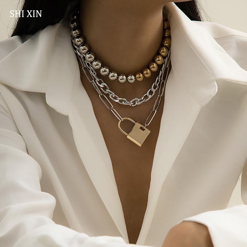 

Pendant Necklaces CCB Bead Choker Collar Thick Chain With Lock Necklace For Women Hip Hop Layered Padlock Set On Neck 2022Pendant