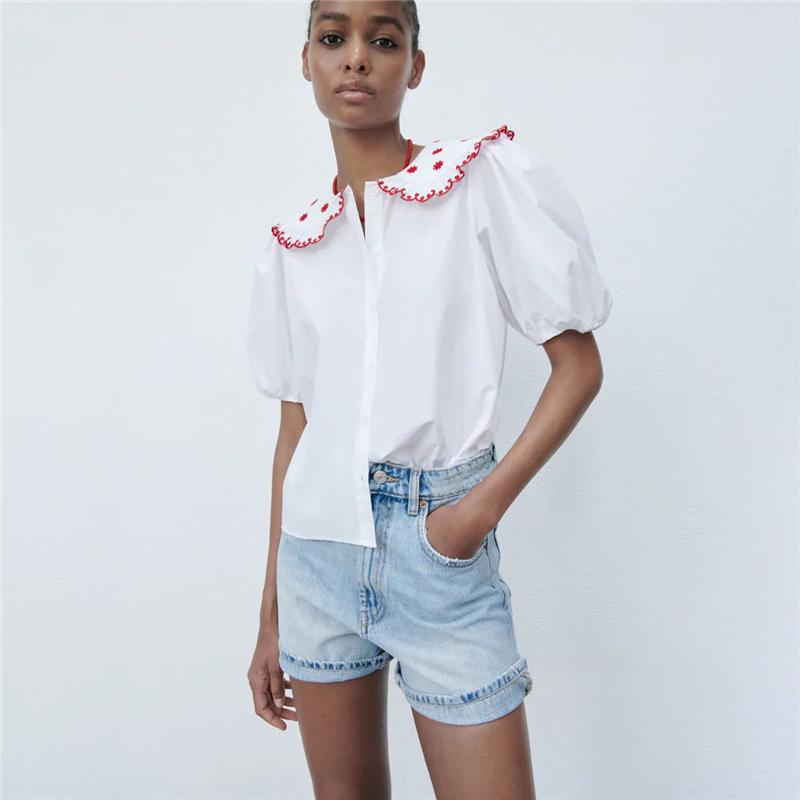 

Women's Blouses & Shirts Summer Cotton Doll Collar Single Breasted Short Sleeve Women Fashion Commuter White Embroidered Casual T ShirtsWome