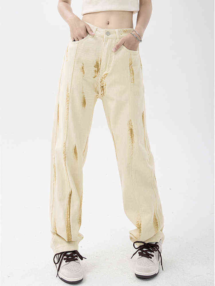 

Apricot Distressed Straight Jeans Women's Summer Loose American Tie-dye Design High Waist Wide Leg Neutral Denim Pants Female T220728, Beige