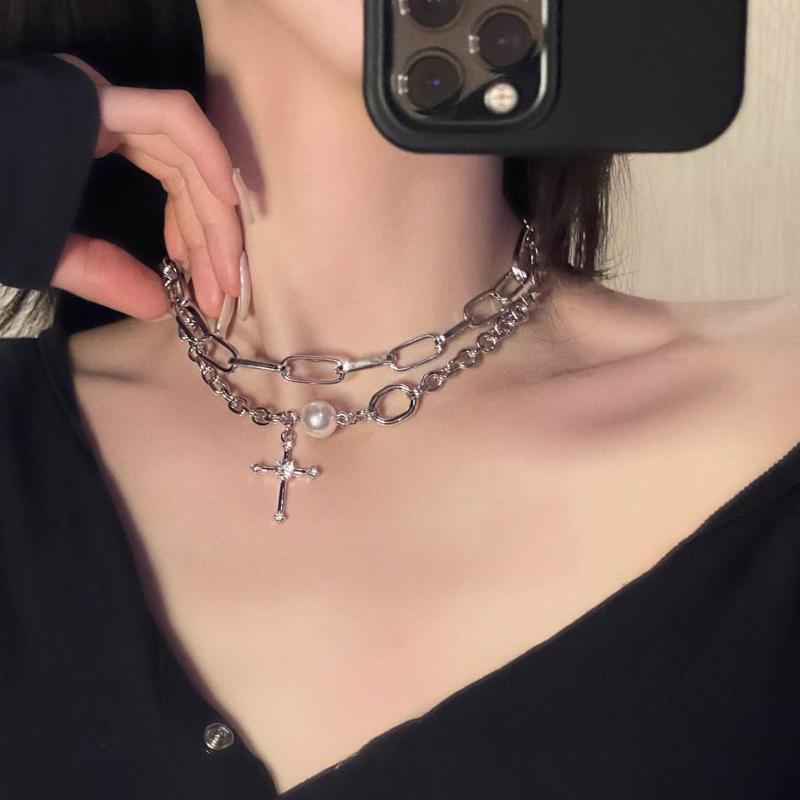 

Chains Vintage Goth Aesthetic Double Chain Around The Neck Cross Y2k Necklace For Women Egirl Harajuku Grunge Goblincore AccessoriesChains