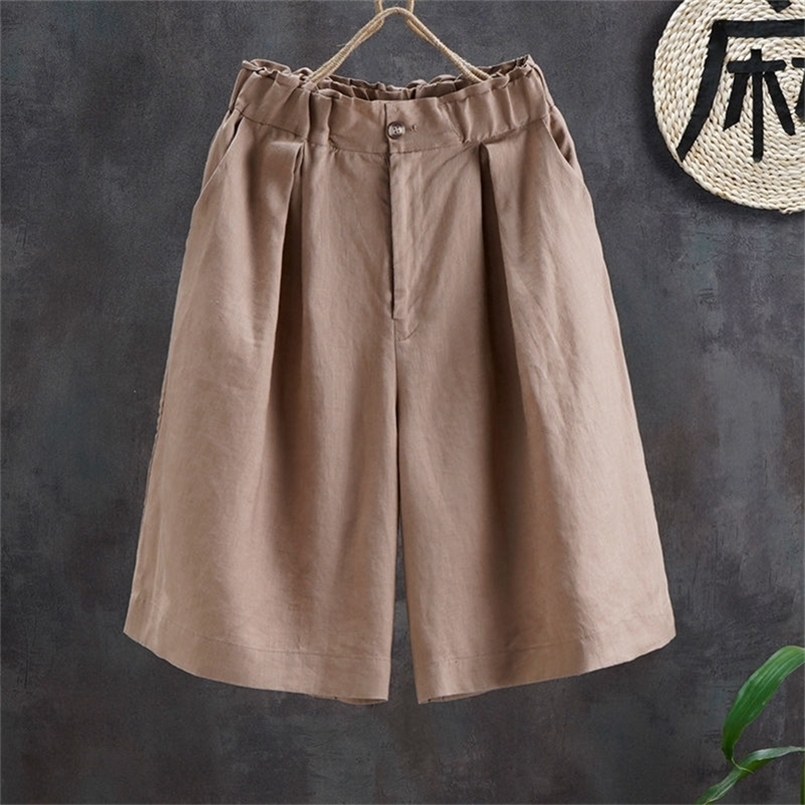 

Women' Summer Shorts Cotton Casual Solid High Waist Shorts Elastic Waist Button Cozy Loose Linen Fashion Shorts 220419, Khaki