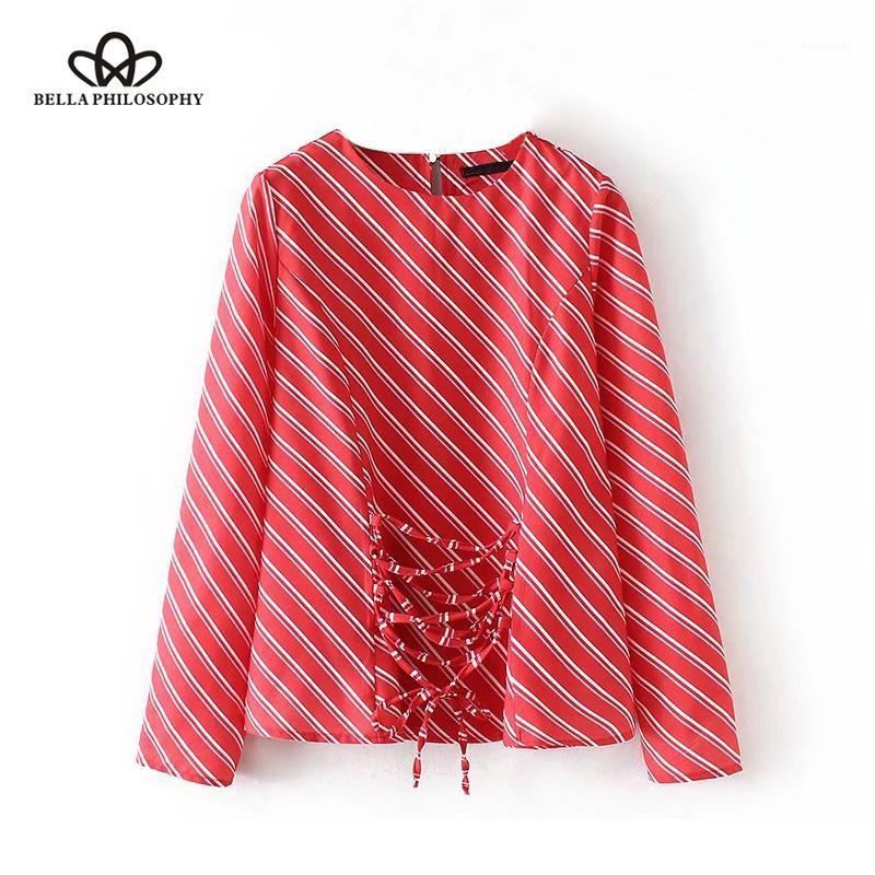 

Women' Blouses & Shirts Philosophy 2022 Spring Stripe Printed Shirt Women Blouse Casual Lace Up Long Sleeve Female Zipper, Red