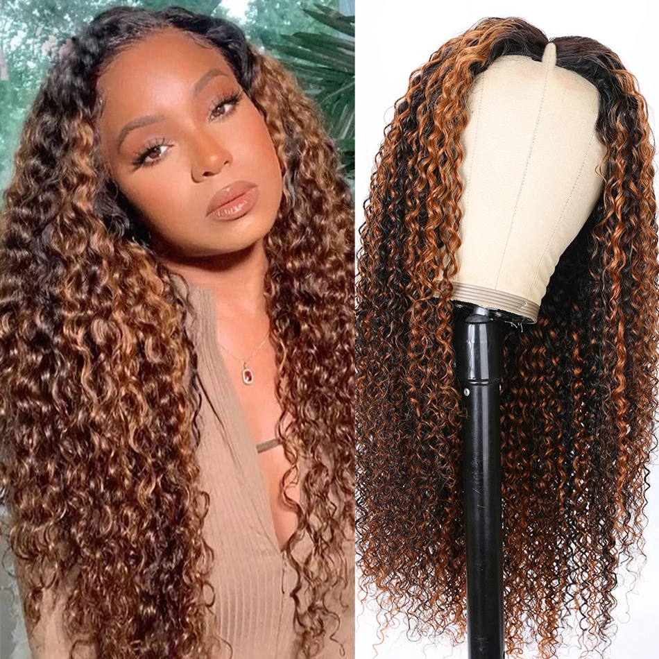 

Highlight Chocolate Brown Kinky Curly V Part Wigs Unprocessed 100% Human Hair Glueless Ombre Blonde Peruvian curl U Shape Full, As picture color