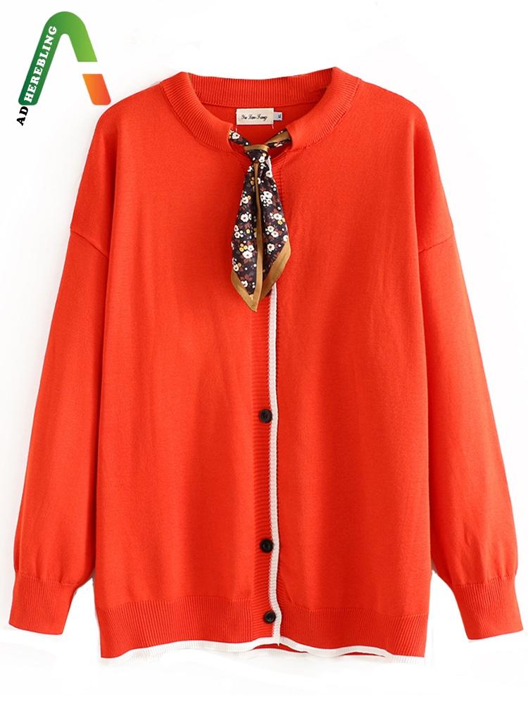 

Women's Knits & Tees Adherebling 2022 Woman Casual Jacket Autumn Winter Elegant Bow Tie Neck Contrast Trims Knit Cardigan Loose Sweater