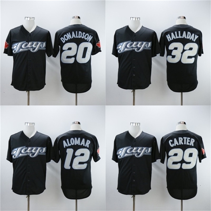

Sj98 Mens Toronto Jersey 12 Roberto Alomar 20 Josh Donaldson 29 Joe Carter 32 Roy Halladay 2008 Retro Black Baseball Jerseys