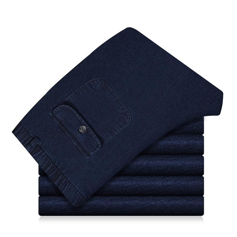 

Thin Men Jeans Elastic Waist Deep Middleaged Men's Jeans Pants Loose Denim Pants High Waist Elastic Fabric Spring and Summer 201123, Thick dark blue