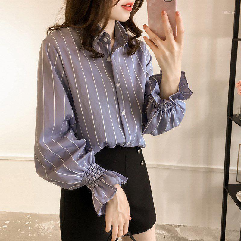 

Women's Blouses & Shirts Summer Casual Ladies Vintage Women Striped Turn-down Collar Autumn Female Loose Flare Sleeve Blouse, White