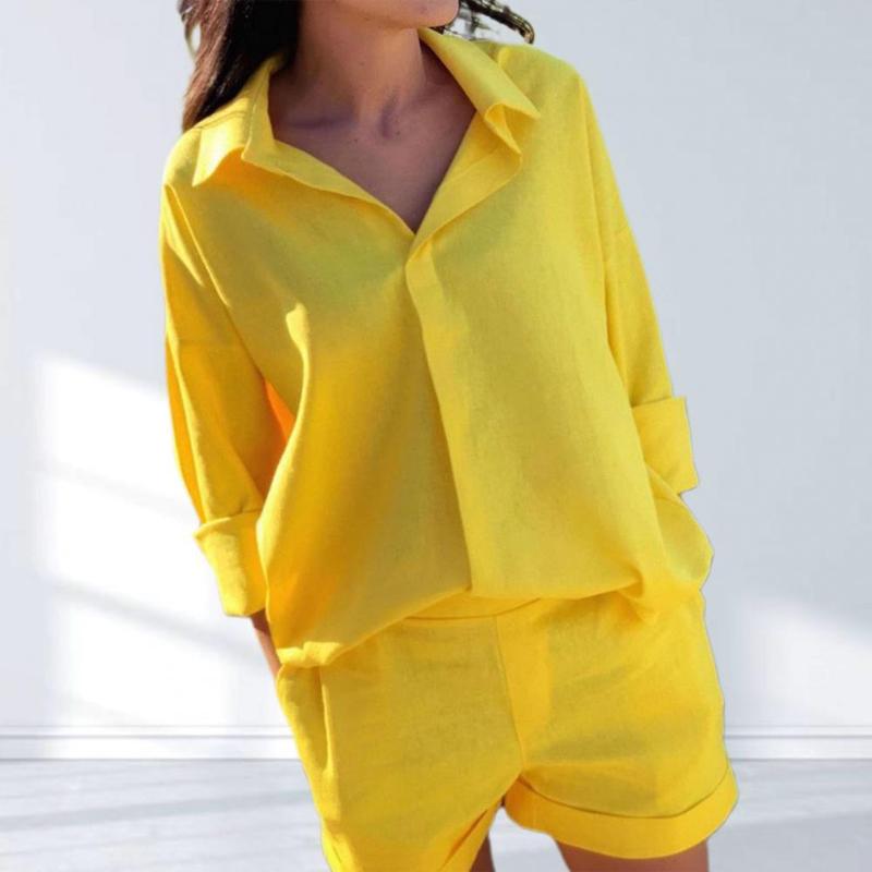 

Women' Tracksuits Women Tracksuit Solid Long Sleeves Casual Single-breasted Deep Crotch Summer Blouse Shorts Set Two Piece Sets Womens Outi, Yellow