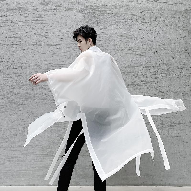 

Men's Trench Coats Spring Summer Men's Transparent Black White Long Coat Windbreaker Outwear Casual L1Men's