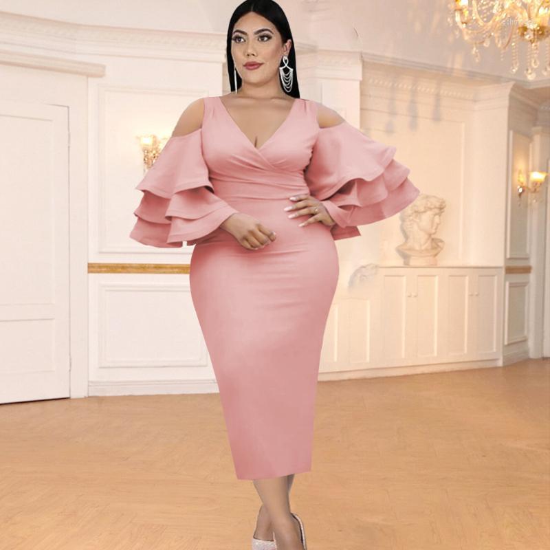 

Plus Size Dresses Party Pink Off Shoulder Sexy V Neck Cascading Ruffle Long Sleeve High Waist Mid-Calf Prom Dinner Dress Echm22