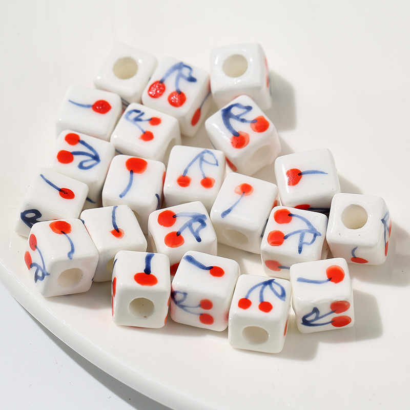 

50pcs Hand Painted Cherry Square Shape Ceramic Beads 8x8mm 10x10mm Loose Spacer DIY Bead For Jewelry Making Accessories