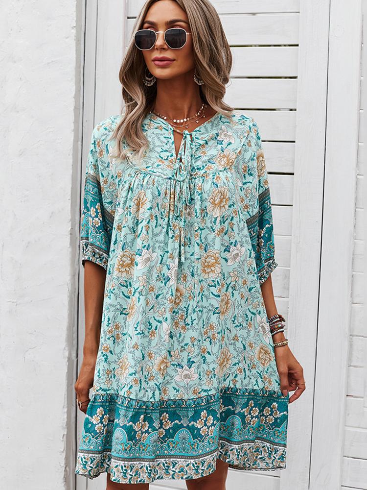 

Party Dresses Bohemian Mini Dress Women Casual A-line Short 2022 Summer Floral Printed Half Sleeve Lace Up O Neck VestidosParty, Light green