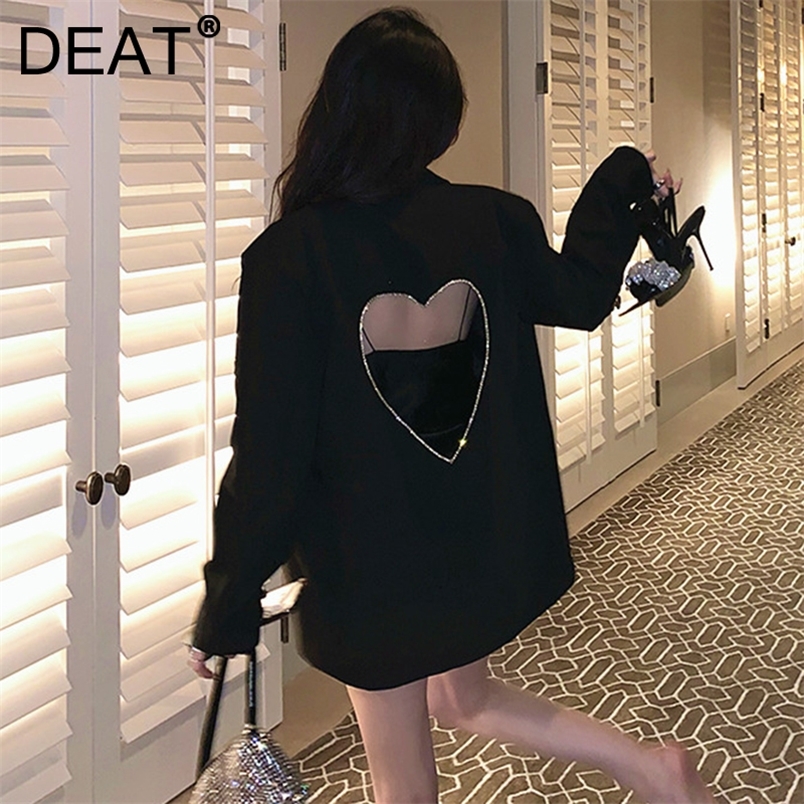 

DEAT Autumn And Spring Fashion Casual Long Sleeve Loose Blackless Heart-shaped Hollow Diamond Blazer Coat Women SL562 220402, Black