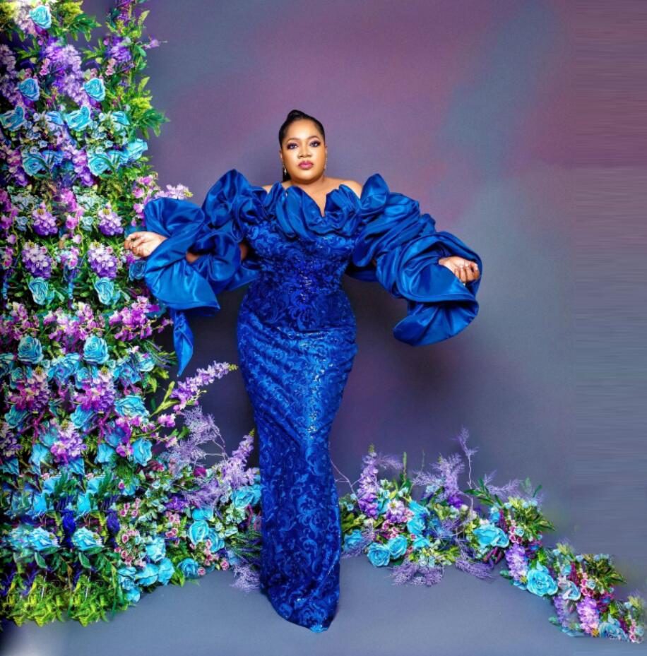 Charming Royal Blue Lace Aso Ebi Prom Dresses Puffy Long Sleeves Plus Size For Black Girls Custom Made Satin Strapless Party Gown VOG343-image-759293869