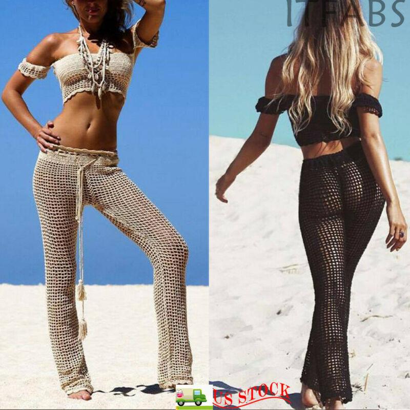 

Women' Swimwear Women Knit See Through Fishnet Hollow Out Wide Leg Bikini Cover Up Swimsuit Bathing Summer Beach PantsWomen, White