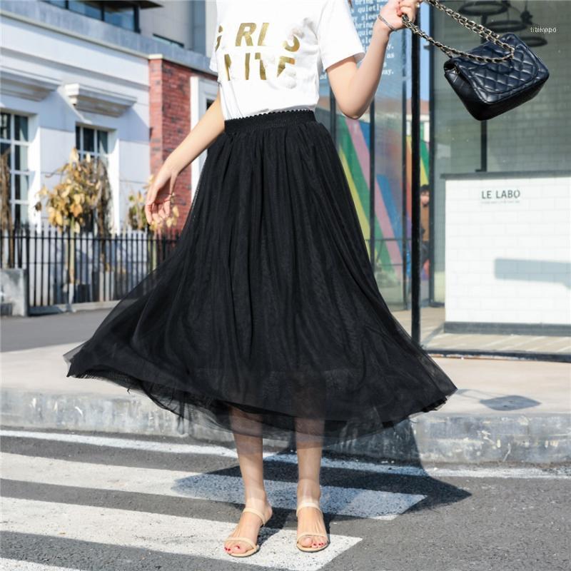 

Skirts Tulle Skirt Women Pleated Long Summer Saias High Street Layers Elastic / Waist 2022 Elegant Fashion Midi Mesh Faldas1, Black