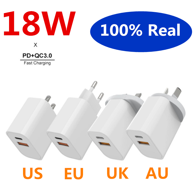 

100% Real Fast Chargers 18W US Plug PD USB-C Quick Charge QC 3.0 Dual USB Travel Wall Charger Adapter