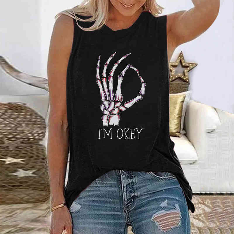 

Funny I'm Okey Skeleton Hand Printed Graphic t Shirts Women Casual Summer Loose Svels T-shirt Harajuku Tops Wo Cloth, White