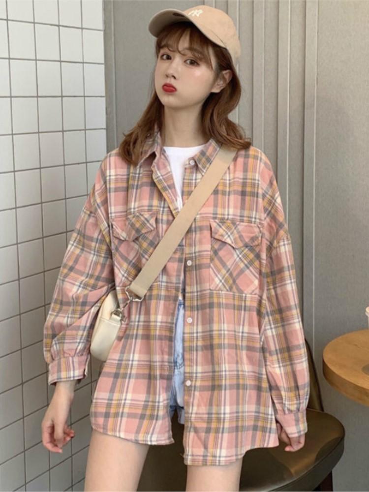

Women' Blouses & Shirts Simple All-match Loose Preppy Style Korean Kawaii Plaid Women Long Sleeve Summer Sun-proof Sweet OutwearWomen, Green