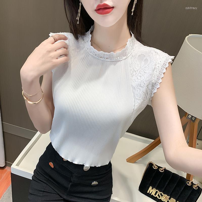 

Women' Blouses & Shirts 2022 Summer Sleeveless Women Blouse Shirt Fashion Casual Lace Tops Elegant Slim Loose Office Lady Sybi22, White