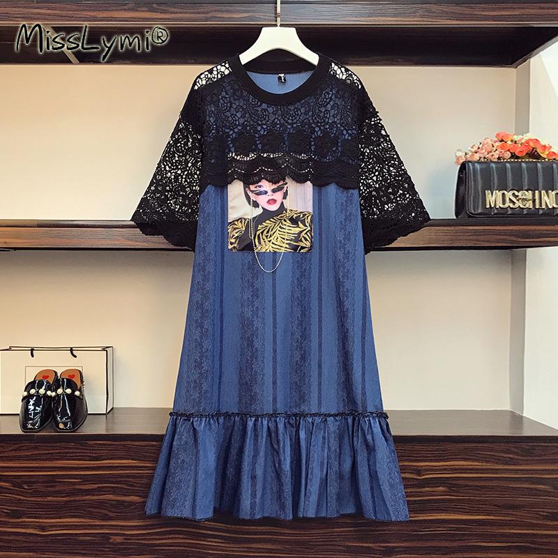 

Plus Size Dresses 4XL Women High Street Fashion Denim Dress Summer 2022 Hollow Out Lace Short Sleeve Patchwork Loose Ruffle, Blue