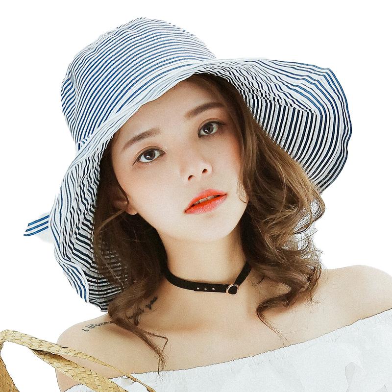 

Wide Brim Hats Summer Korean Big Sun Visor For Women Striped Foldable Sunscreen Girl Fisherman Hat Ladies Bucket CapWide, Black