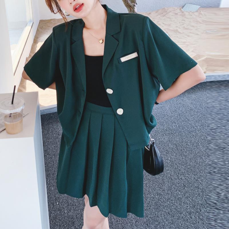 

Two Piece Dress Korea Office Lady Casual Set Short Top Small Blazer And Mini Pleated Skirt Summer Skirts Sets Suit Elegant 2 SetTwo, Dark green
