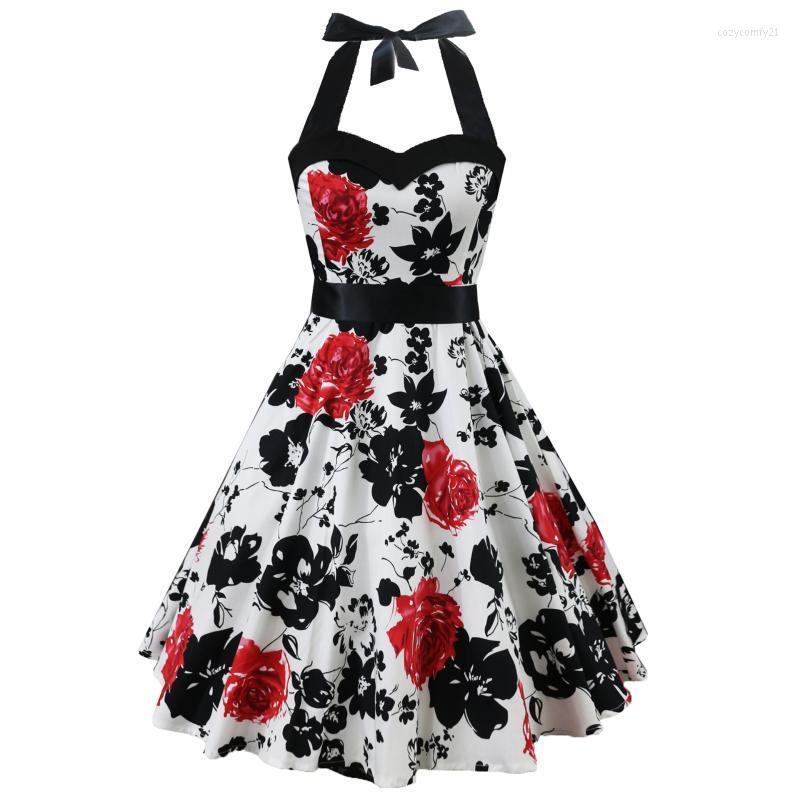 

Sexy Halter Neck Dress 2022 Large Size Women' V-Neck Sleeveless Matching Belt Fashion Fresh Printed Street Shooting Casual Dresses, White