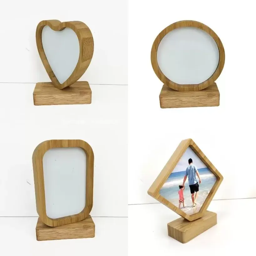 

Stock Bamboos Sublimation Blank Photo Frame With Base DIY Double Sided Wood Love Heart Round Frames Magnetism Picture Painting Decoration sxa11