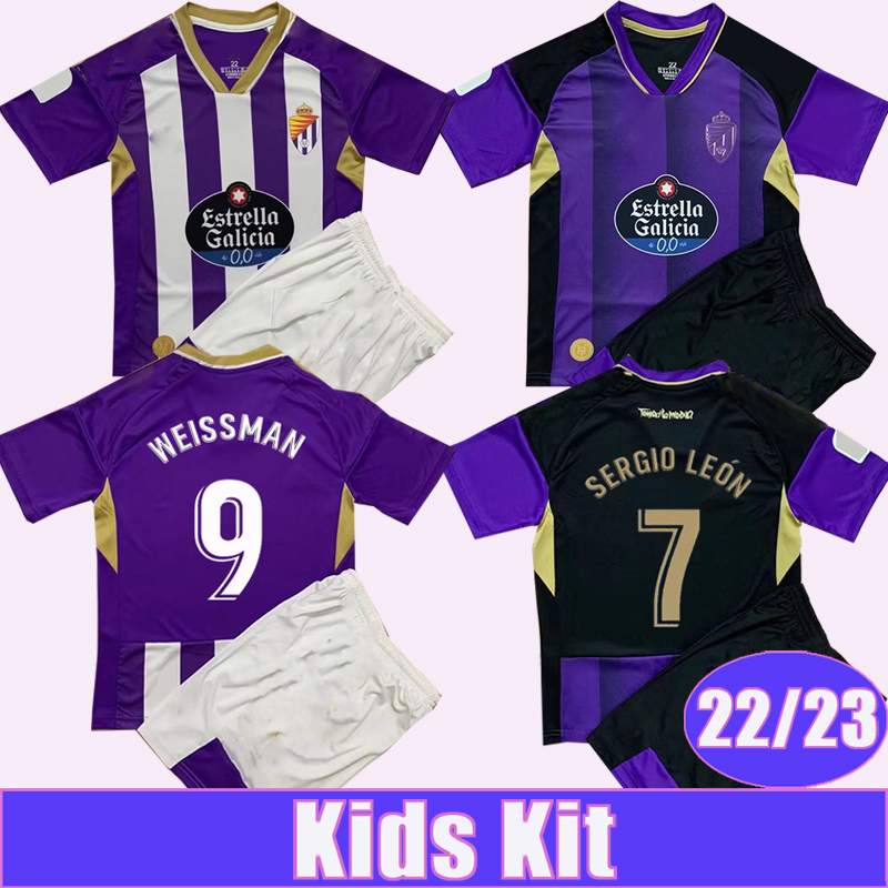 

22 23 Real Valladolid SERGIO LEON Kids Kit Soccer Jerseys G.PLATA OSCAR PLANO AGUADO WEISSMAN Home White Purple Away Football Shirt Short Sleeve Uniforms, Tz9902 22 23 home no socks