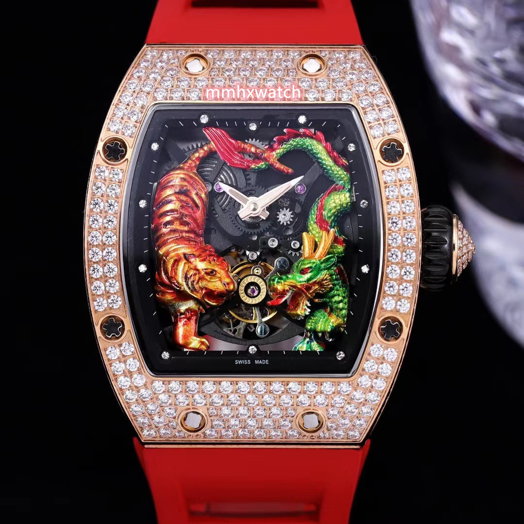

ZY RM51-01 watch with true Tourbillon movement 3D painted dial Swarovski Diamond case Sapphire crystal glass mirror natural rubber band, As shown