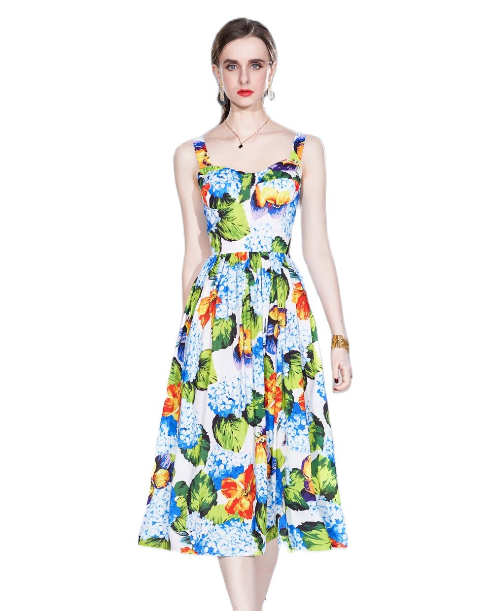 

Summer Floral Party Beach Dress Woman Designer Sexy Slim Square Neck Prom Pleated Backless Dresses 2022 Runway Women Clothes Sweet Casual Vacation Cocktail Frock