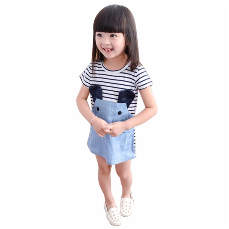 

Girl's Dresses Girl Summer Girls O-neck Short Sleeve Cartoon Mouse Patchwork Striped Denim Cute Mini Clothes Kids Child DressGirl's, Blue
