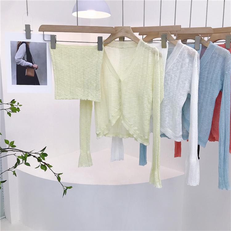 

Women' Sweaters Pink Color Summer Knit Thin Fabric Women Cardigans 2 Pcs /Set Full Sleeves Cropped Sweater Tops Tees ClothesWomen, White