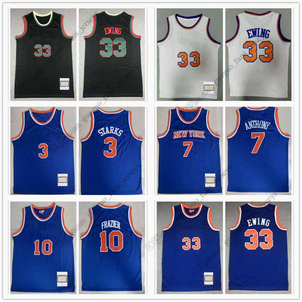 

Retro Mitchell and Ness Basketball Jerseys Starks 3 John Anthony 7 Carmelo Frazier 10 Walt 91-92 Ewing 33 Patrick Blue White Black High Quality Jersey Size S--XXL, Picture
