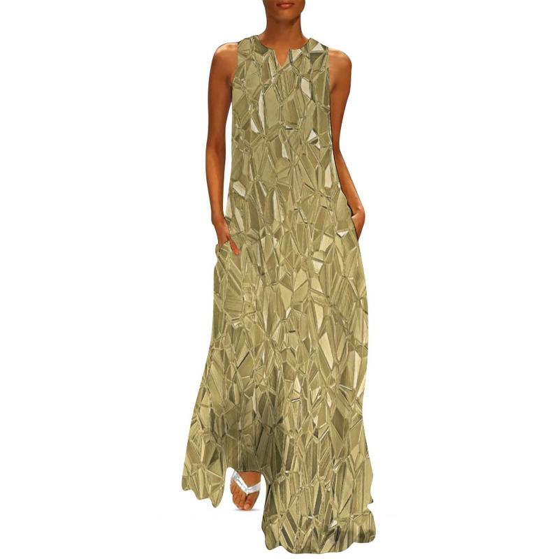 

Casual Dresses Gold Faux Metallic Dress Summer Shiny Metal Gemstone Print Street Wear Boho Beach Long Cute Maxi Birthday GiftCasual, Style-7