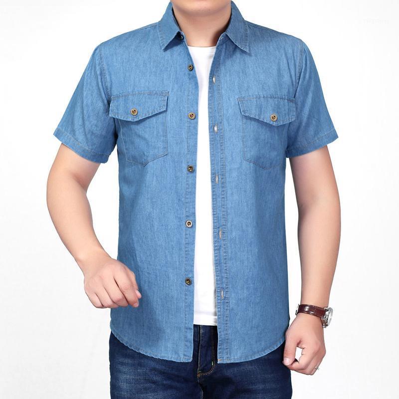 

Thin Short Sleeve Shirt Mens 2022 Summer Men Cotton Straight Denim Handsome Solid Color Korean Trend Plus Size Men' Casual Shirts, Dark blue