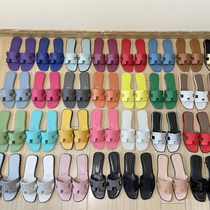 

Luxury Designer Leather Women Sandals Slide Summer Flats Fashion Flat Beach Womens Slippers H Letter Slippers 35-42, 27