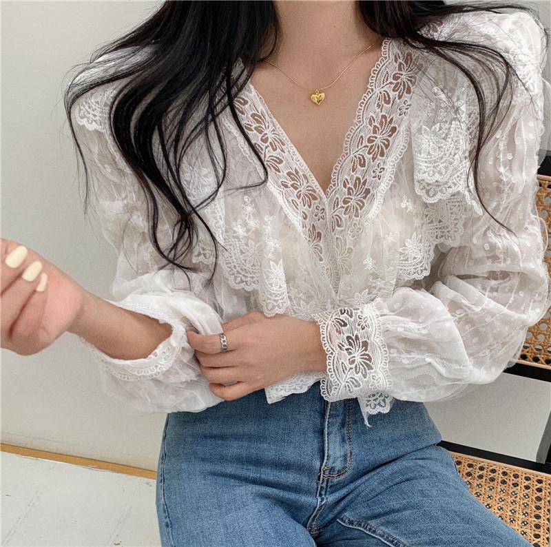 

Women's Blouses & Shirts Women Flowers Lace Blusas Mujer De Moda Autumn 2022 Female Ruffle Long Sleeve V-neck Chiffon Blouse 730AWomen's, Beige