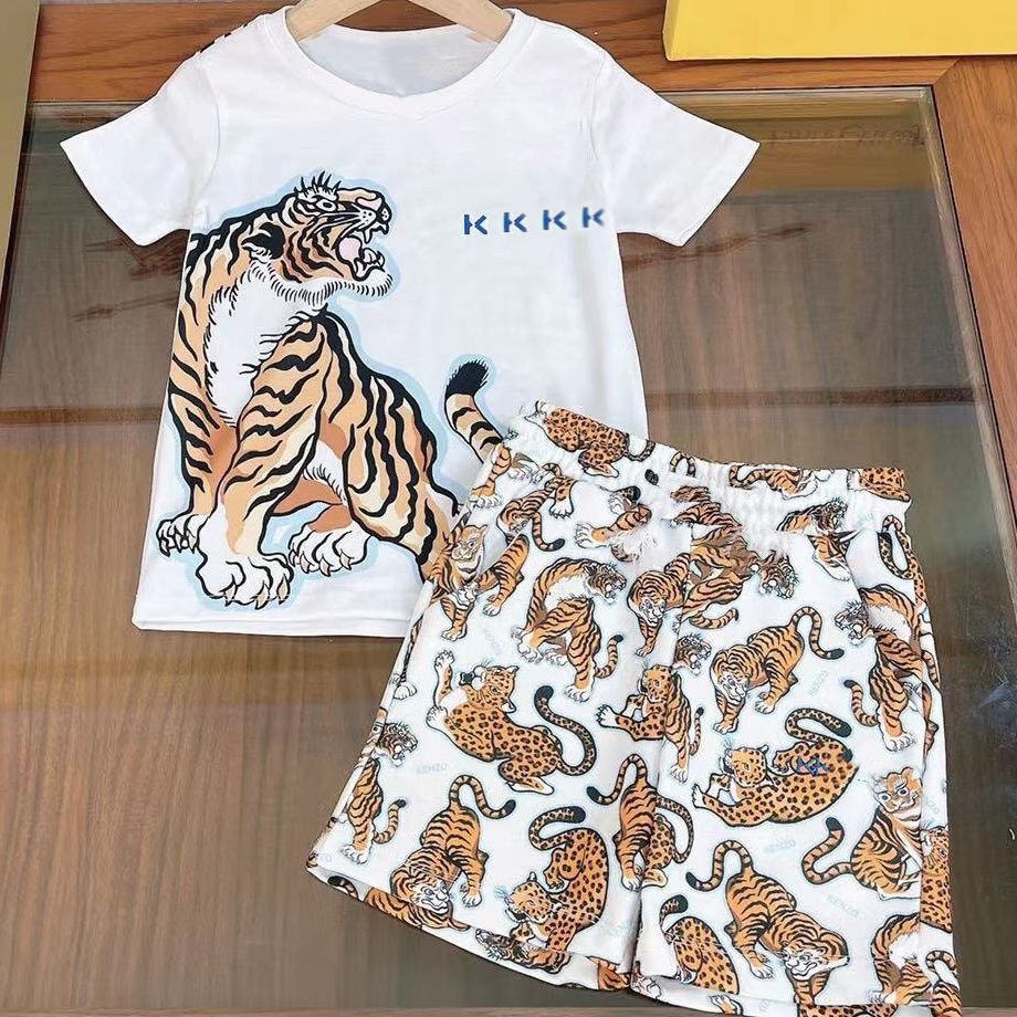 

Kids set kid Designer Sets for baby Short Sleeve T-shirt With Tigers Print Shorts Set Suit Brand Boys Clothing Cotton 90-160 White Blue