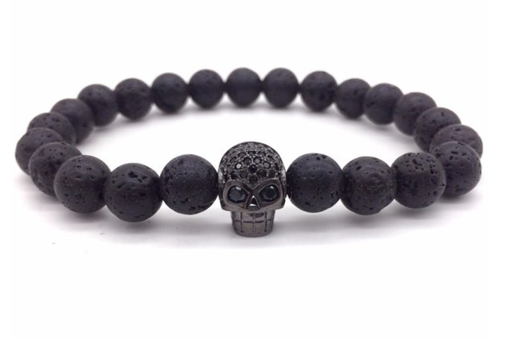 

8mm Volcanic Stone Skull gold silver Copper cz zircon cubic zirconia elastic adjusted black bead marble Buddha Yoga men women Bracelet Bangles