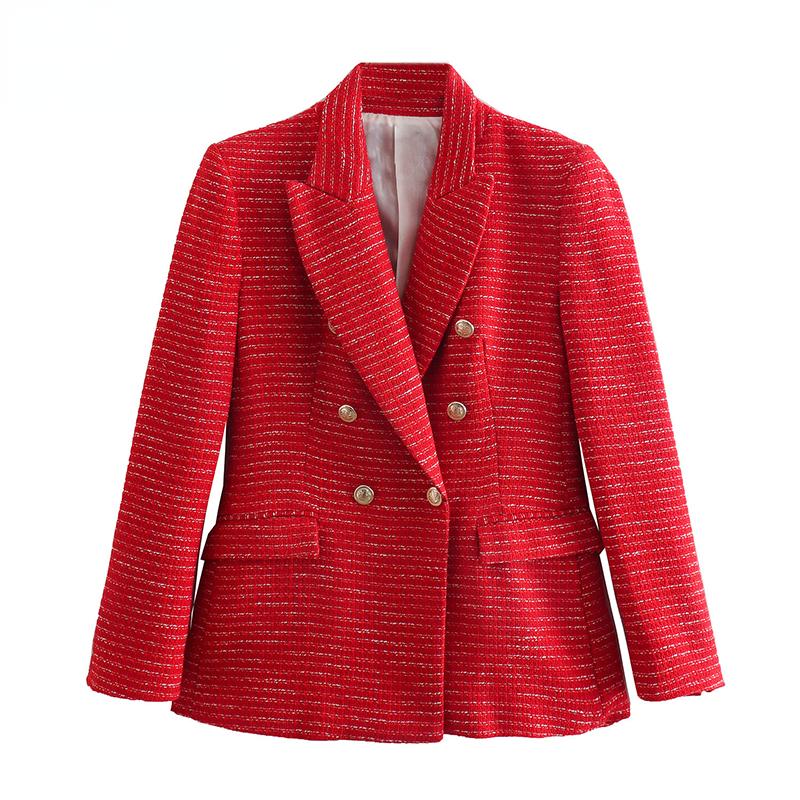

Women's Suits & Blazers Women Red Tweed Textured Double Breasted Blazer Vintage Notched Collar Long Sleeve Jacket Coats Office Lady Outerwea