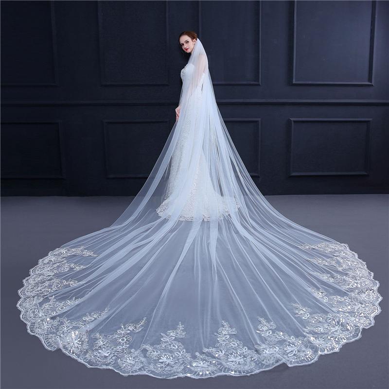 

Bridal Veils Long Veil White/Ivory Wedding Applique Sequin Lace Edge With Comb Cathedral One-Layer Width 3MetersBridal