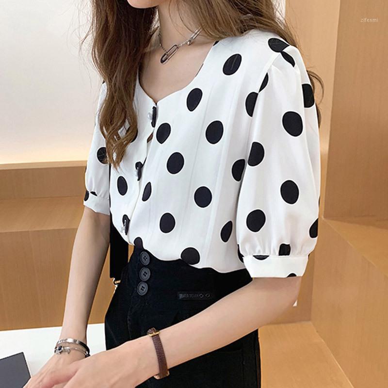 

Women Summer Polka Dot Loose Blouses O Neck Short Sleeve Print Button Up Chiffon Blouse Women's & Shirts, Black