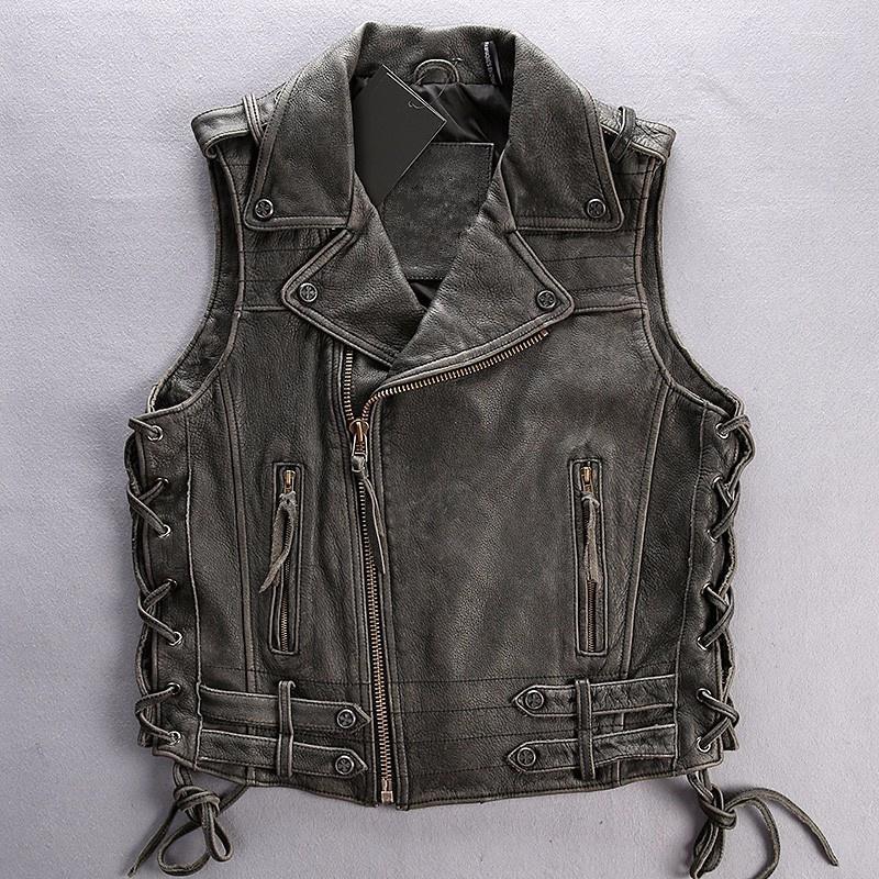 

Men's Vests Real Cowhide Leather Biker Waistcoat Lapel Zipper Rope Adjustable Genuine Vest Punk Style Motorcycle Sleeveless Jacket Guin22, Black