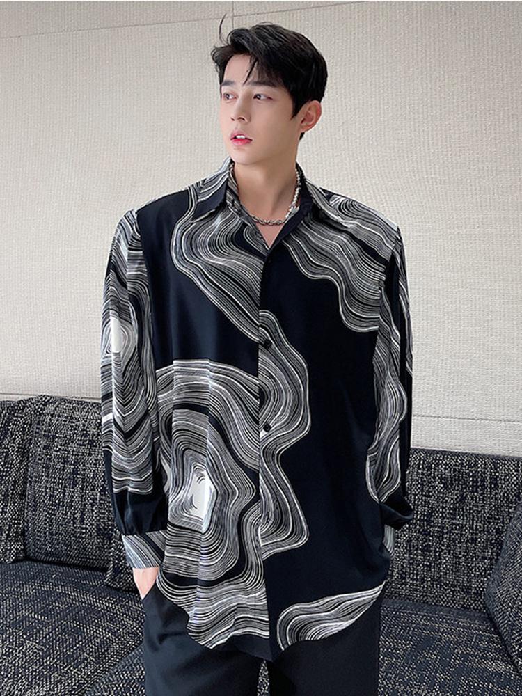 

Men's Casual Shirts Men's Black White Abstract Colorblocked Design Shirt 2022 Spring Long Sleeve Tops Fit Vintage Blouse T1036Men's